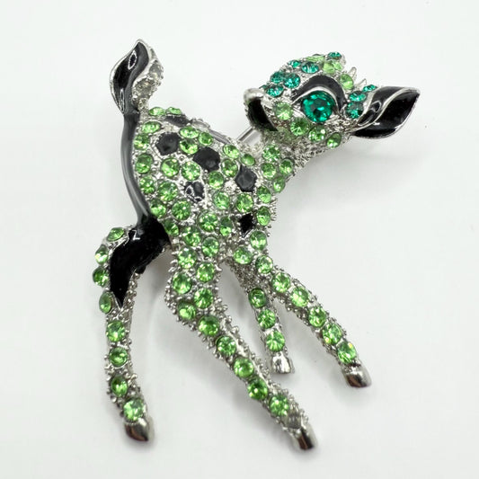 Vintage Brooch of a Baby Deer or Fawn with Green Rhinestones and Black Accents