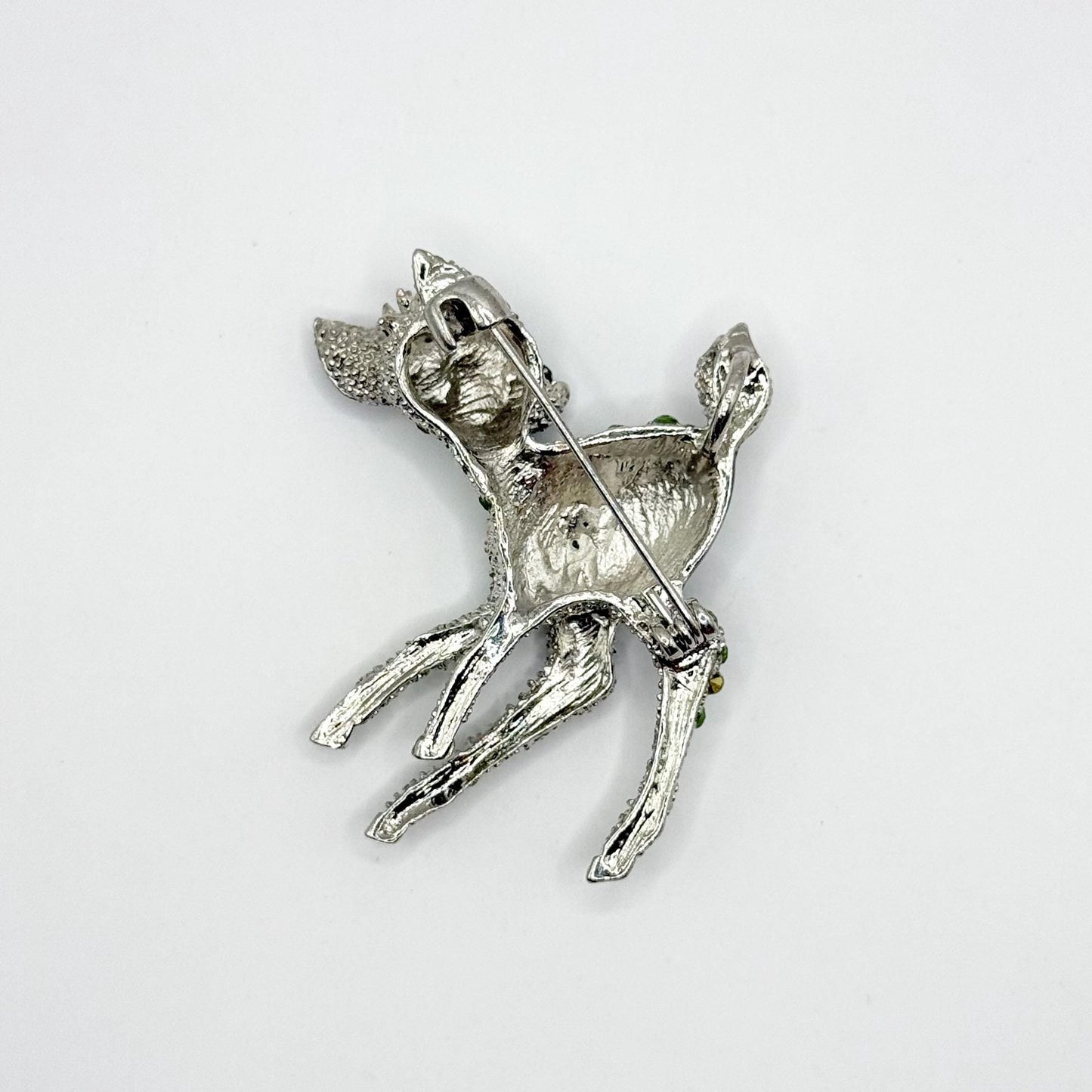 Vintage Brooch of a Baby Deer or Fawn with Green Rhinestones and Black Accents