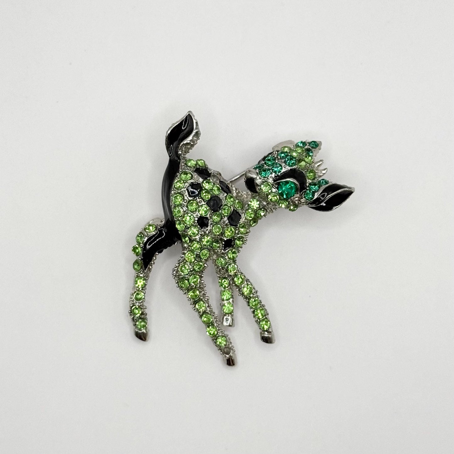 Vintage Brooch of a Baby Deer or Fawn with Green Rhinestones and Black Accents
