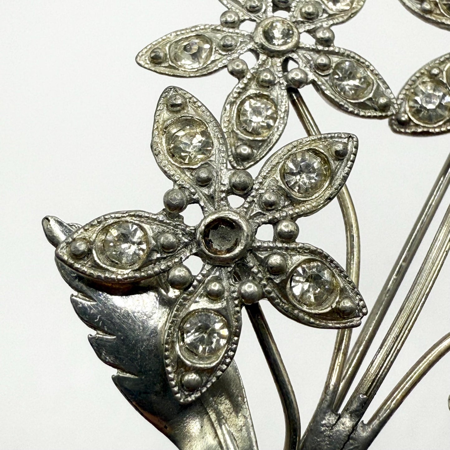Vintage Brooch of Silver Flower Bouquet with Clear Rhinestones