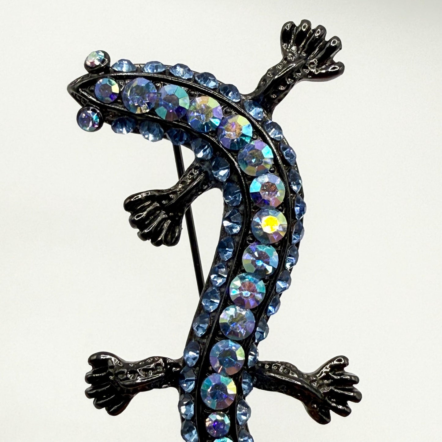 Vintage Brooch or Pendant of Gecko with Blue Rhinestones