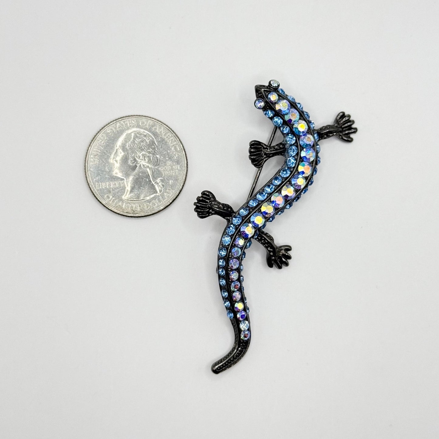 Vintage Brooch or Pendant of Gecko with Blue Rhinestones