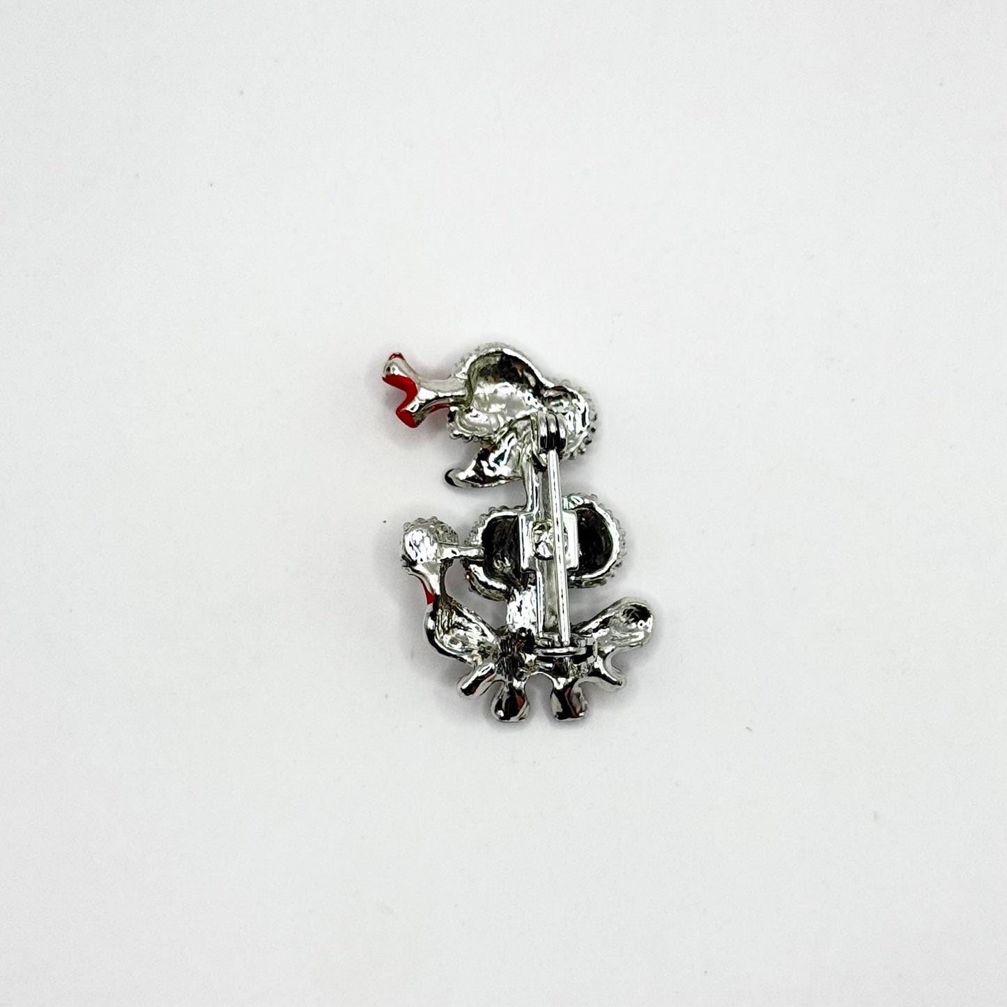 Vintage Brooch Pin of a Silver Poodle with Red Enamel Accents