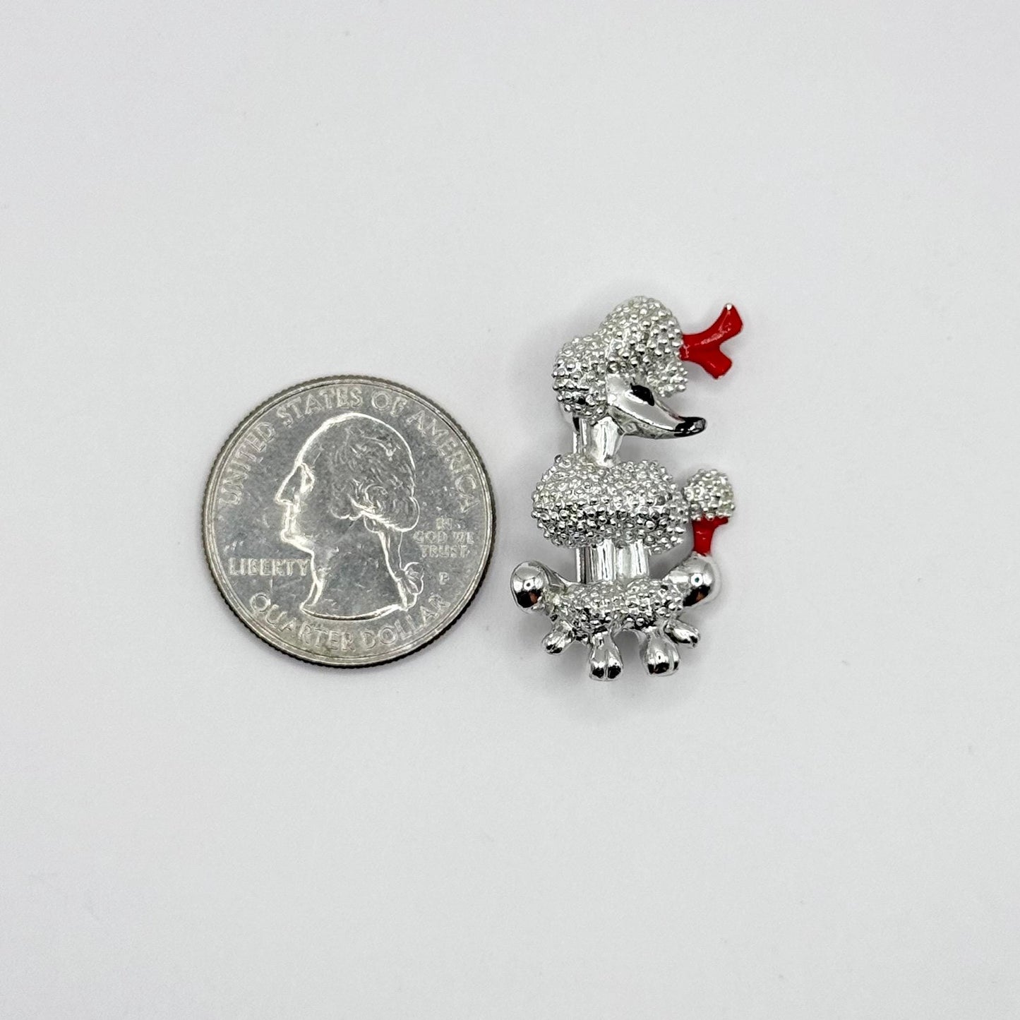 Vintage Brooch Pin of a Silver Poodle with Red Enamel Accents
