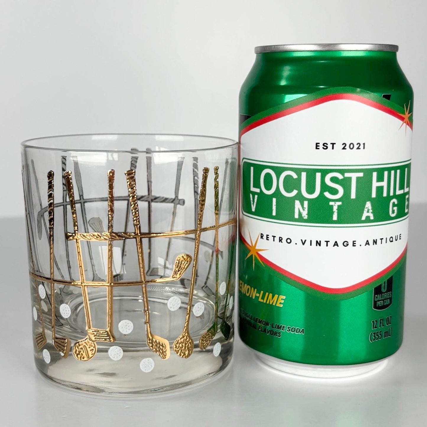 Vintage Rocks Glass with Gold Golf Clubs and Golf Ball Design