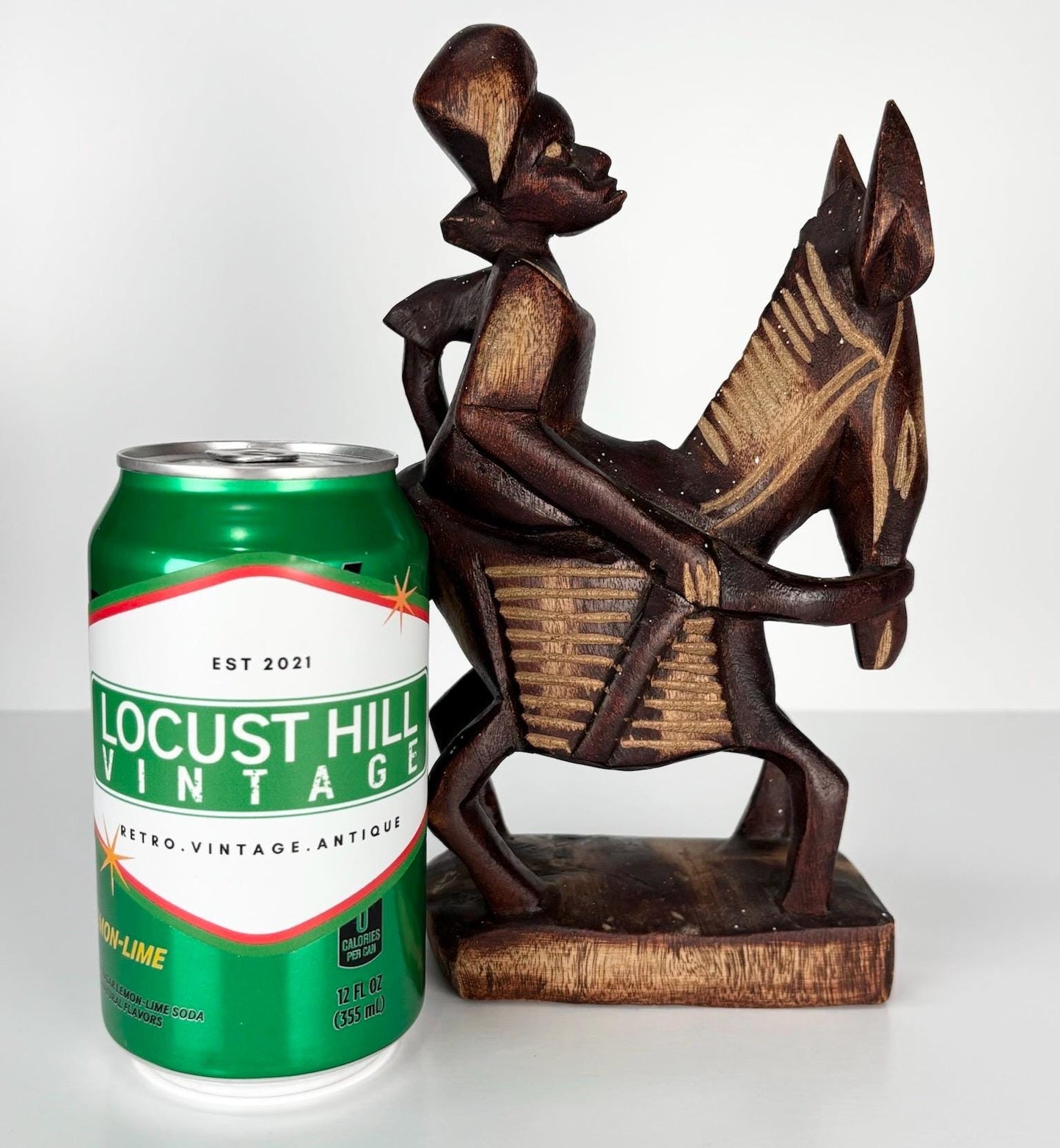Vintage Wood Sculpture of Man on Donkey Hand-Carved African Statue