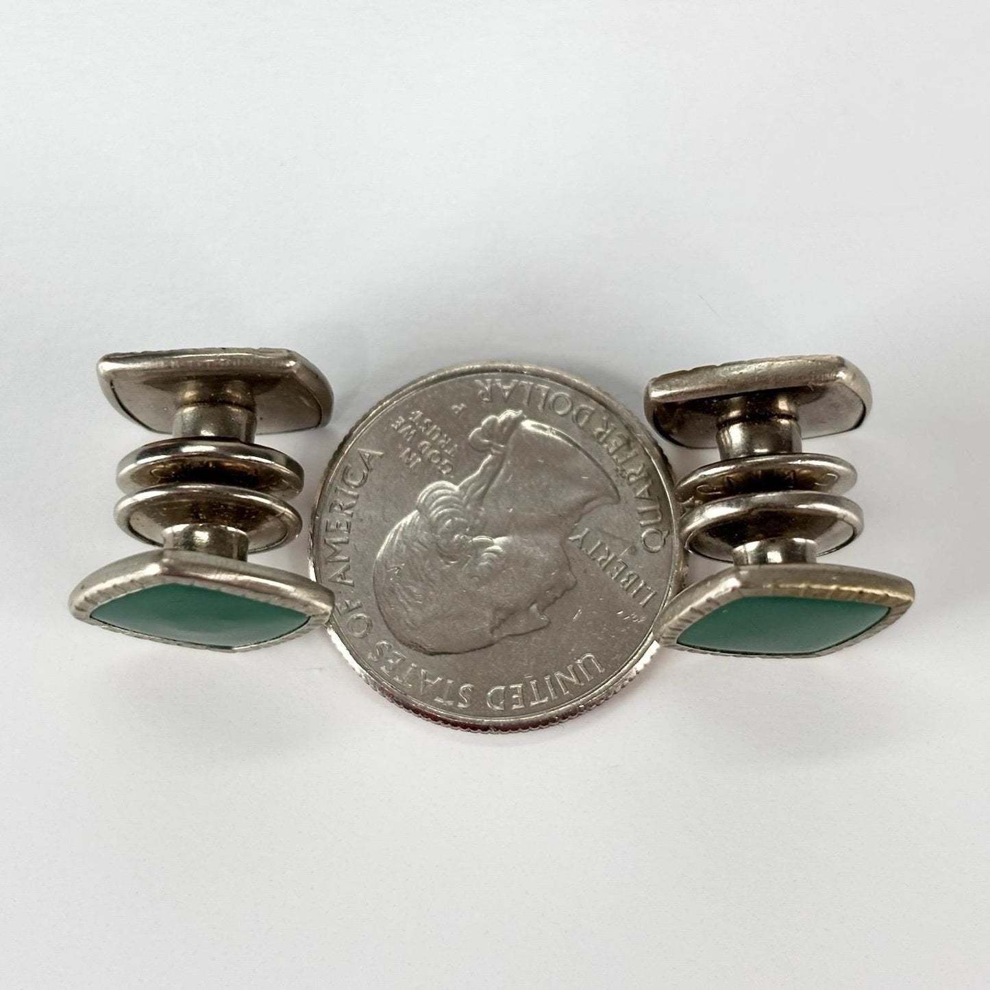Vintage Cuff Links in Silver Tone Design with Green Celluloid Design