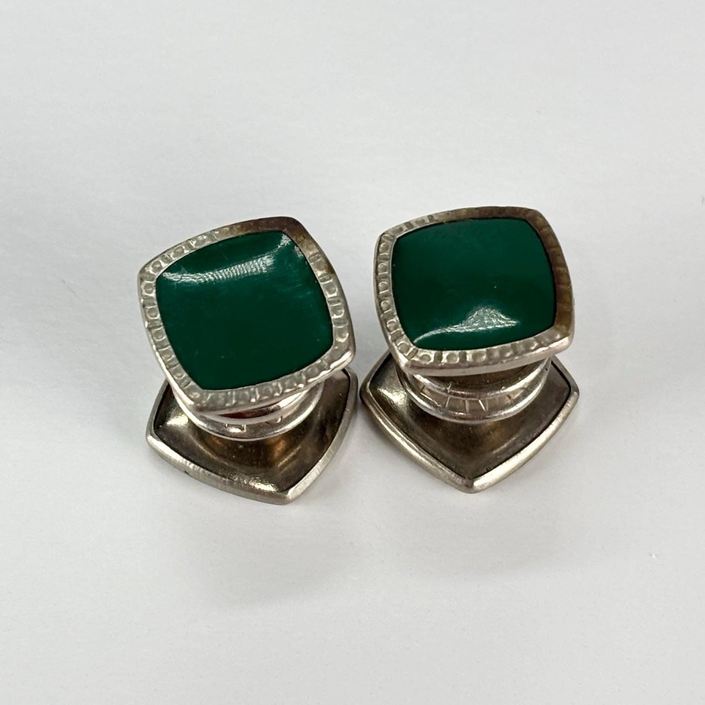 Vintage Cuff Links in Silver Tone Design with Green Celluloid Design