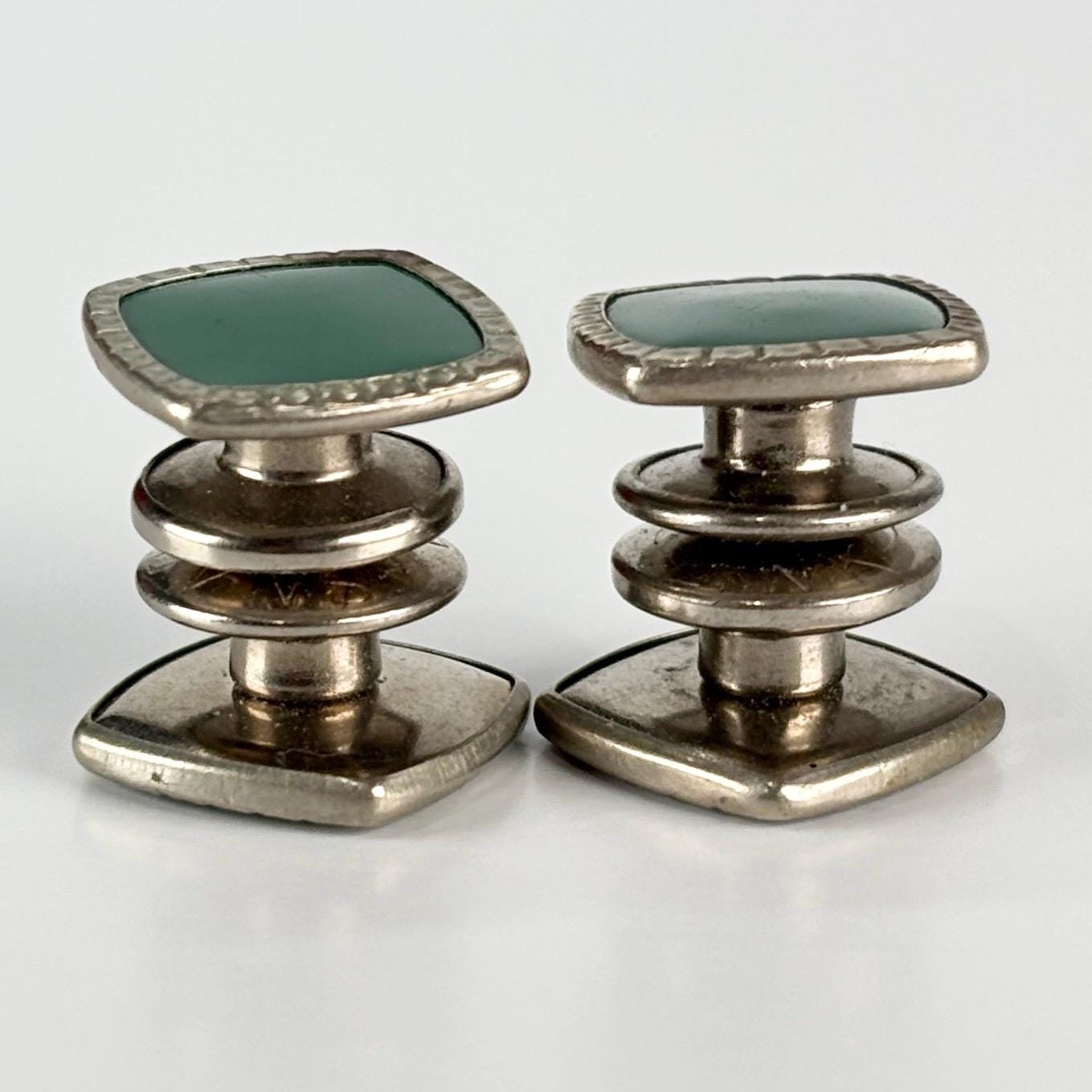 Vintage Cuff Links in Silver Tone Design with Green Celluloid Design