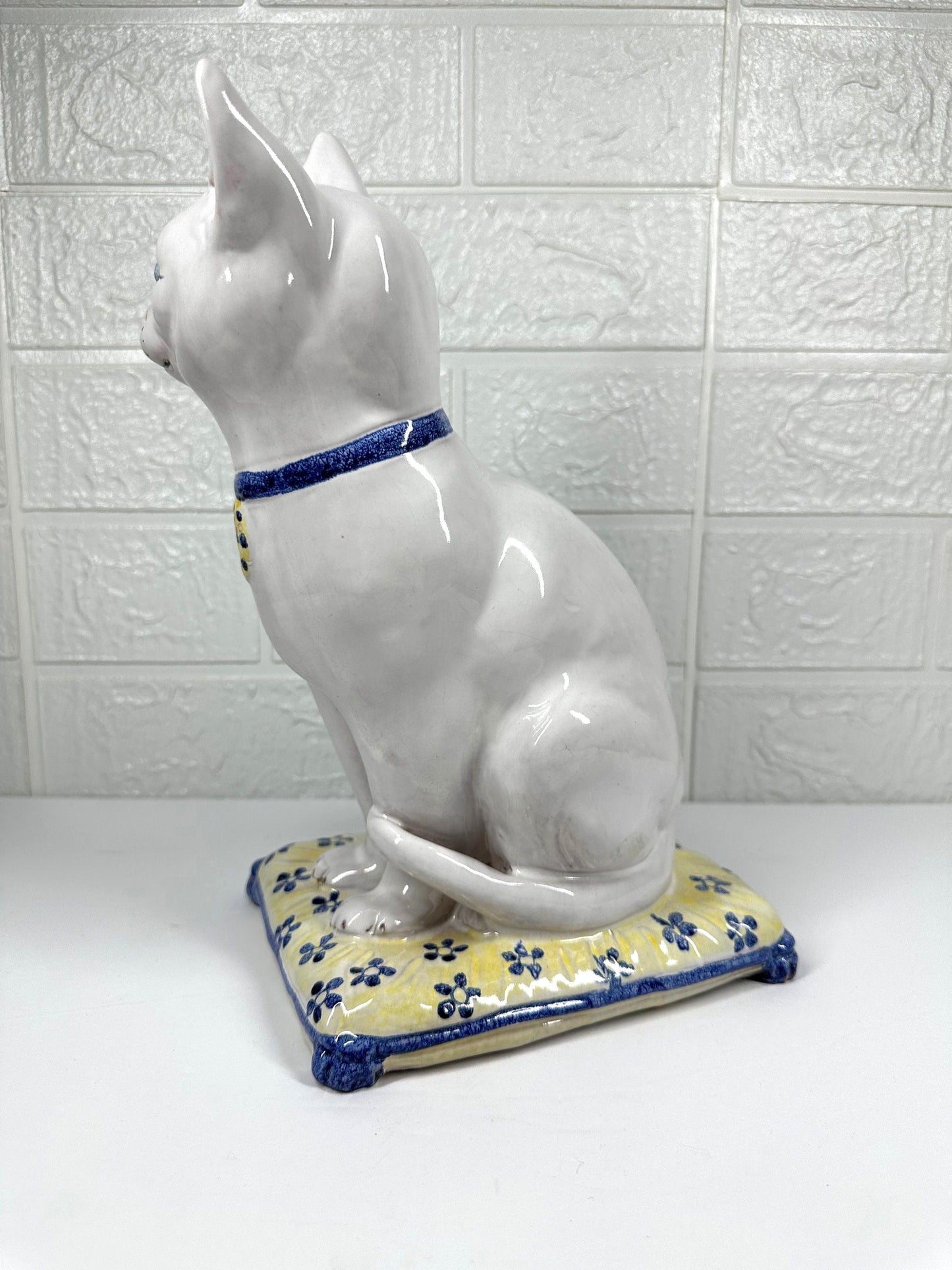 Vintage Ceramic Cat with Blue Eyes, On Yellow Pillow, Majolica Pottery Made in Italy.