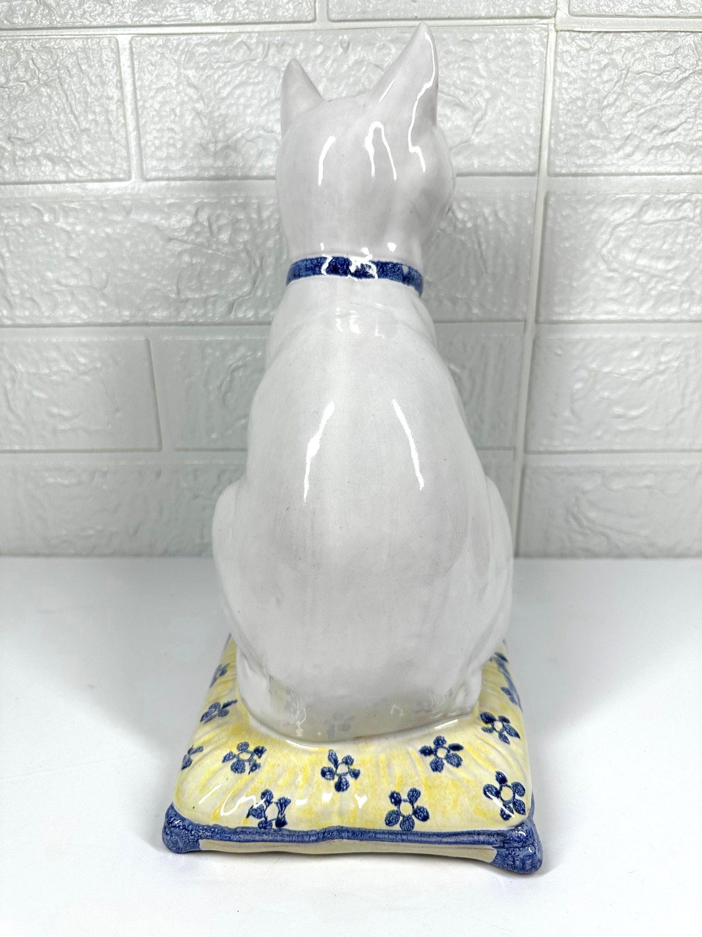 Vintage Ceramic Cat with Blue Eyes, On Yellow Pillow, Majolica Pottery Made in Italy.