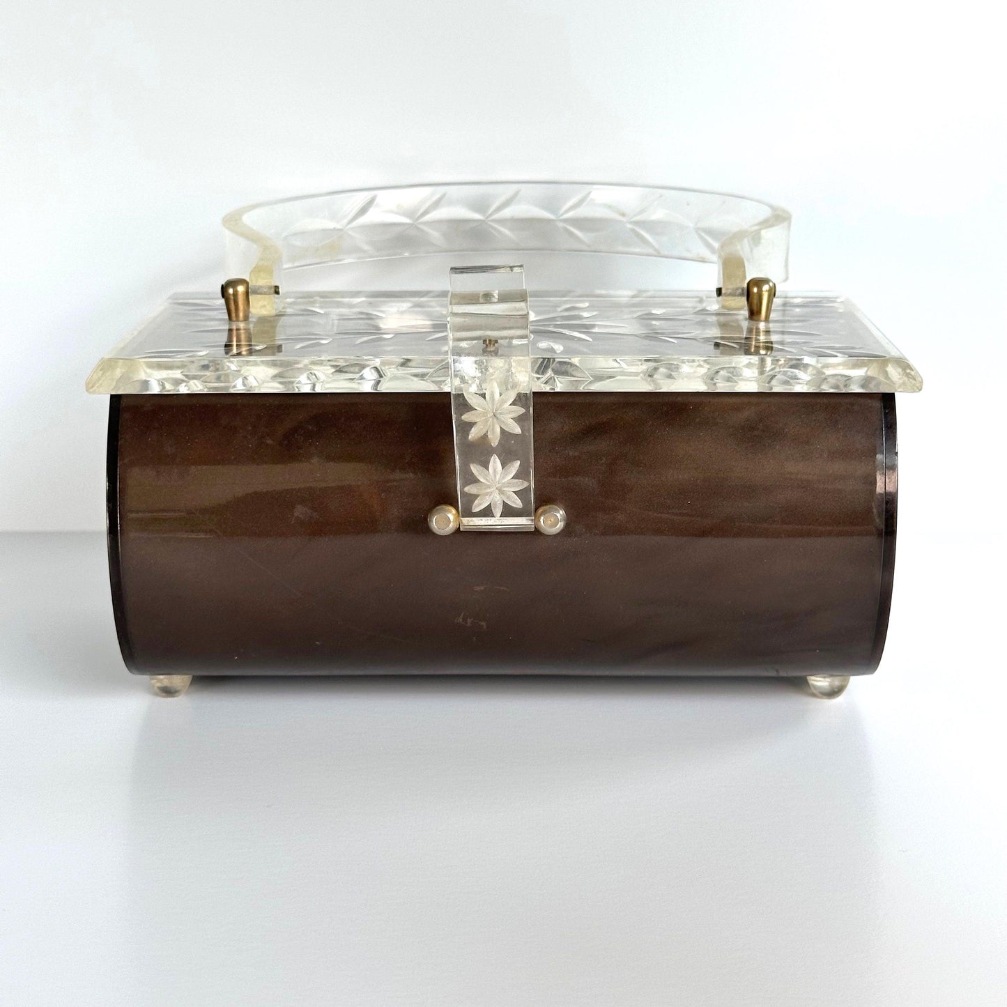 Vintage Brown Shimmery Lucite Handbag with Clear Etched Flower Lid, 1960s.