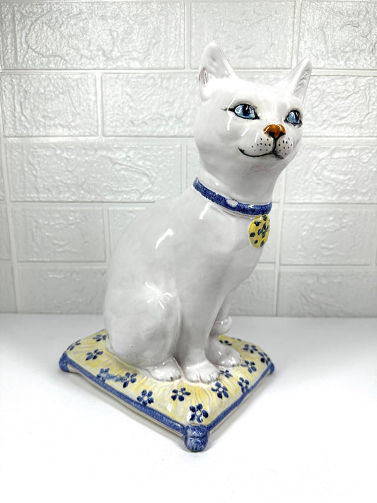 Vintage Ceramic Cat with Blue Eyes, On Yellow Pillow, Majolica Pottery Made in Italy.