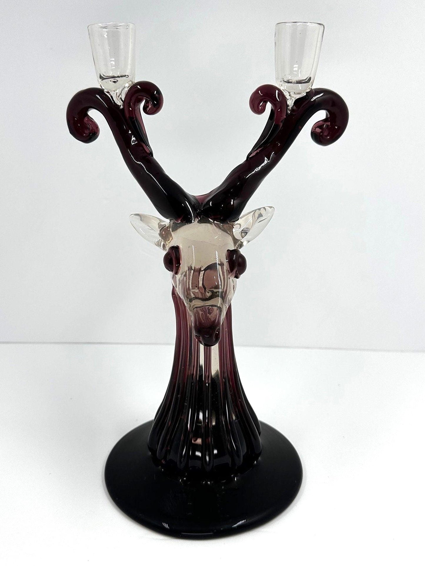 Vintage Glass Candle Holder of a Deer with Antlers in Dark Purple, RARE!