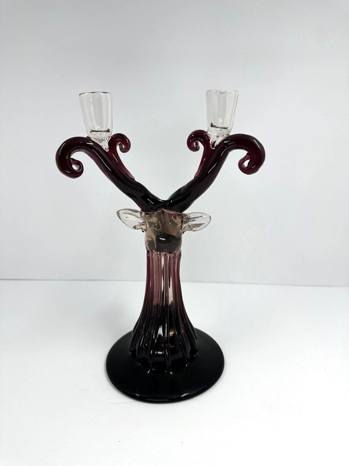 Vintage Glass Candle Holder of a Deer with Antlers in Dark Purple, RARE!