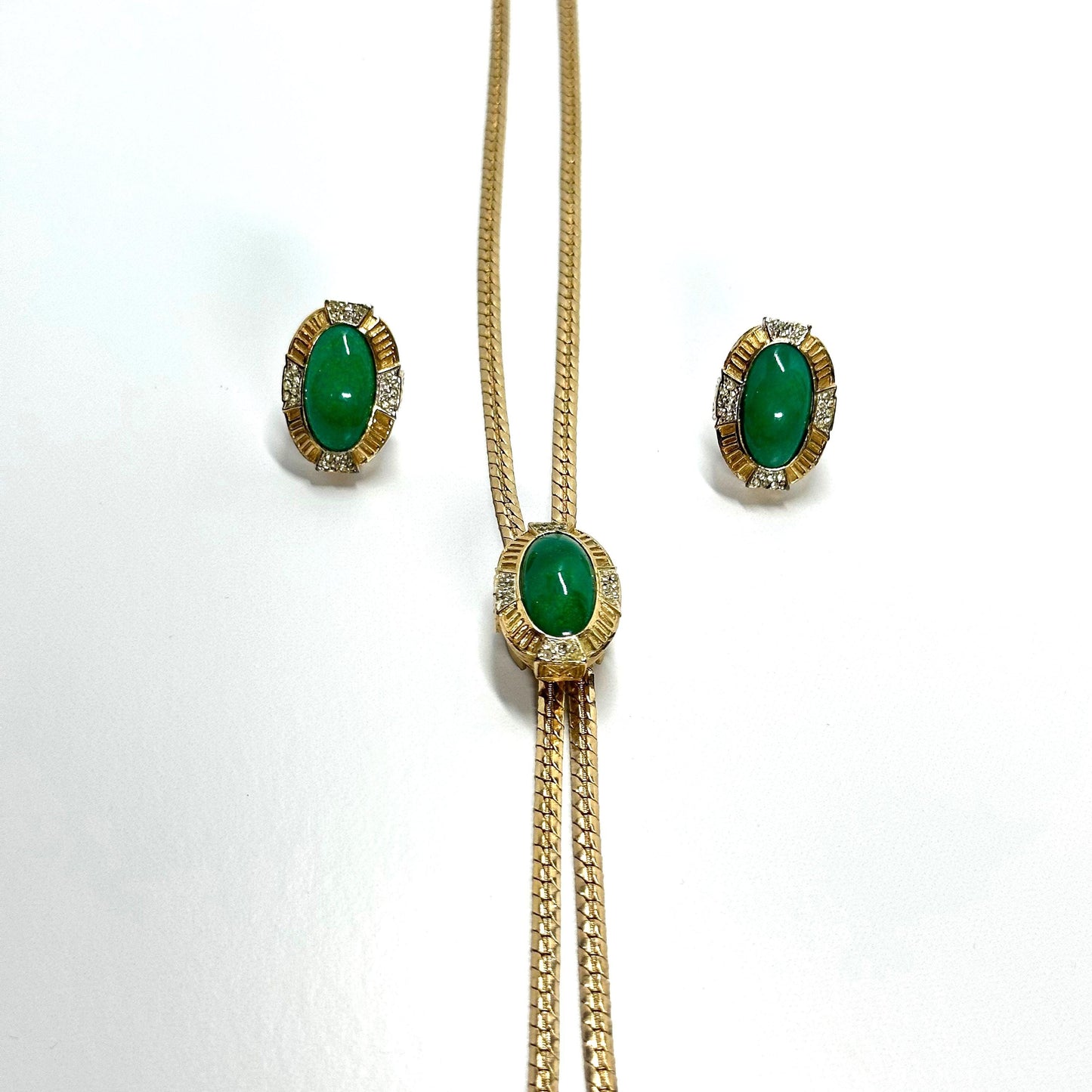 Vintage Necklace Set of Gold Tone Bolero with Green Stone & Rhinestone Clip-On Earrings