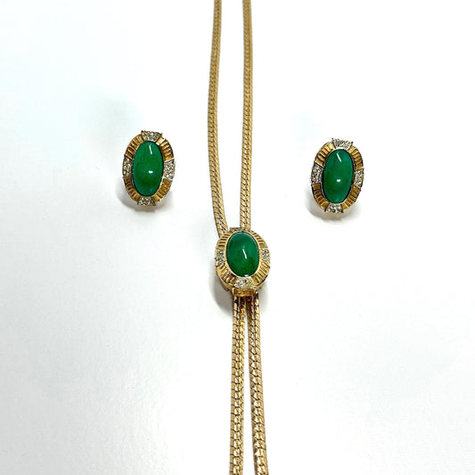 Vintage Necklace Set of Gold Tone Bolero with Green Stone & Rhinestone Clip-On Earrings