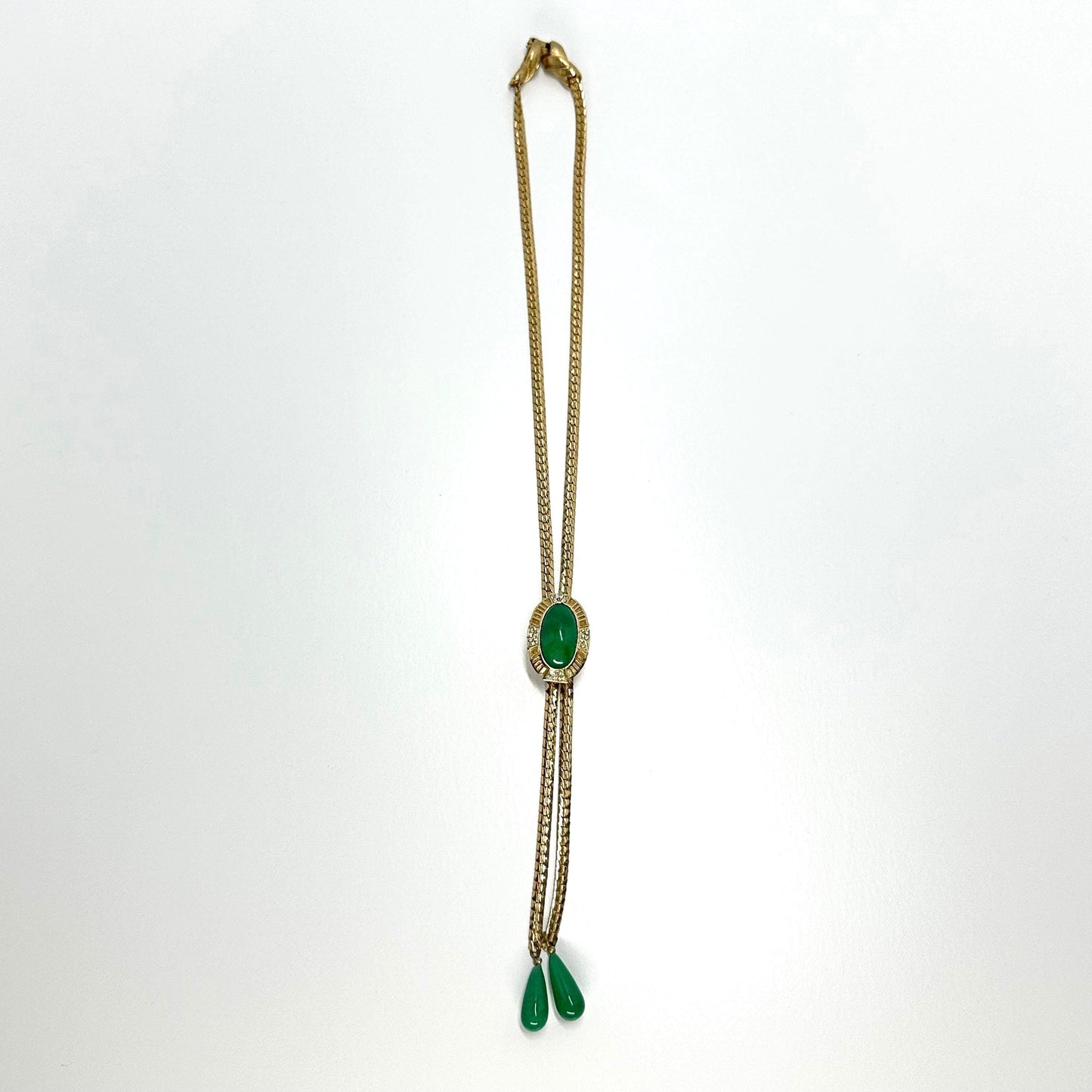 Vintage Necklace Set of Gold Tone Bolero with Green Stone & Rhinestone Clip-On Earrings