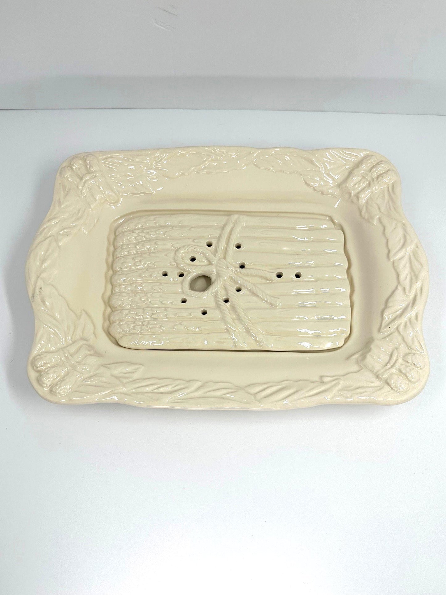 Vintage Plate With Drainer and Asparagus Design, Made in Portugal.