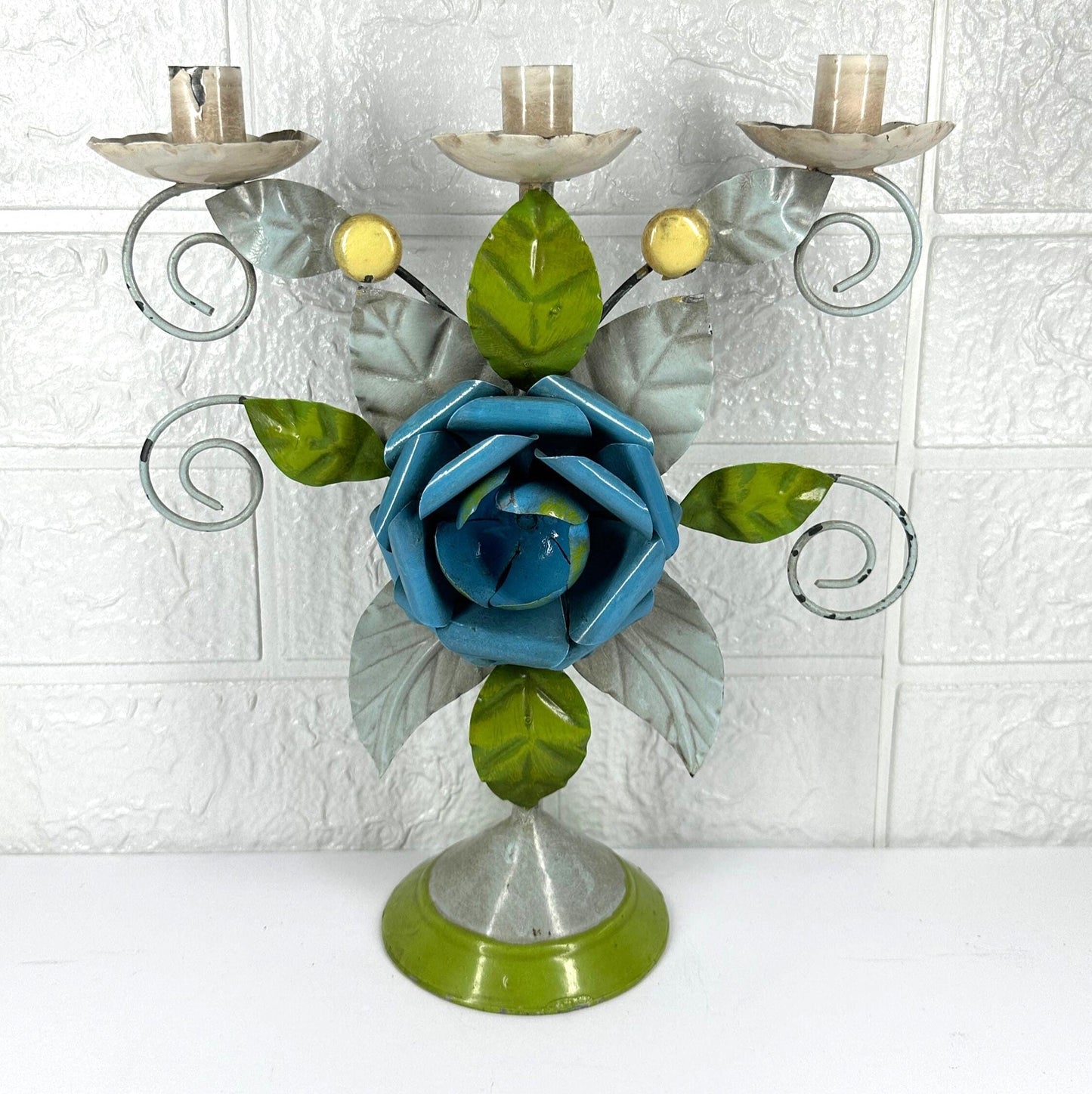 Vintage Candelabra, Tole Flower, Candle Holder, Mid Century, Italian.