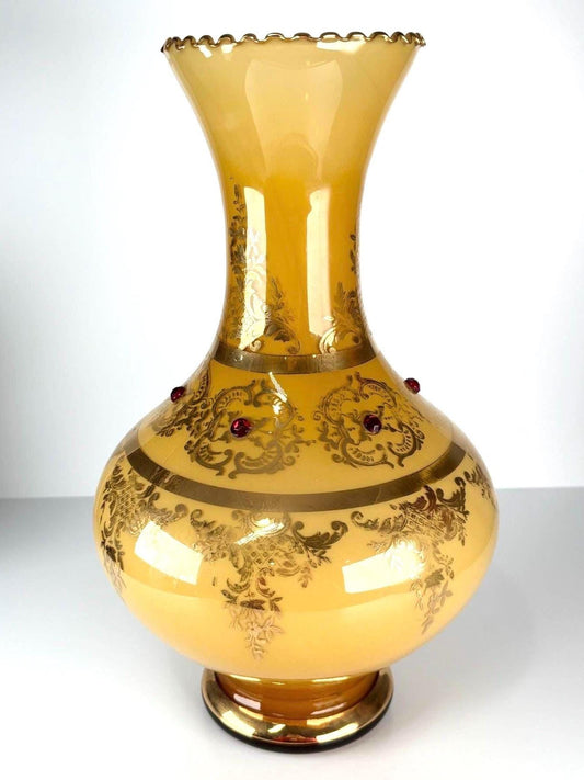 Vintage Vase in Yellow Venetian Murano Glass with Gold Detailing and Red Rhinestones