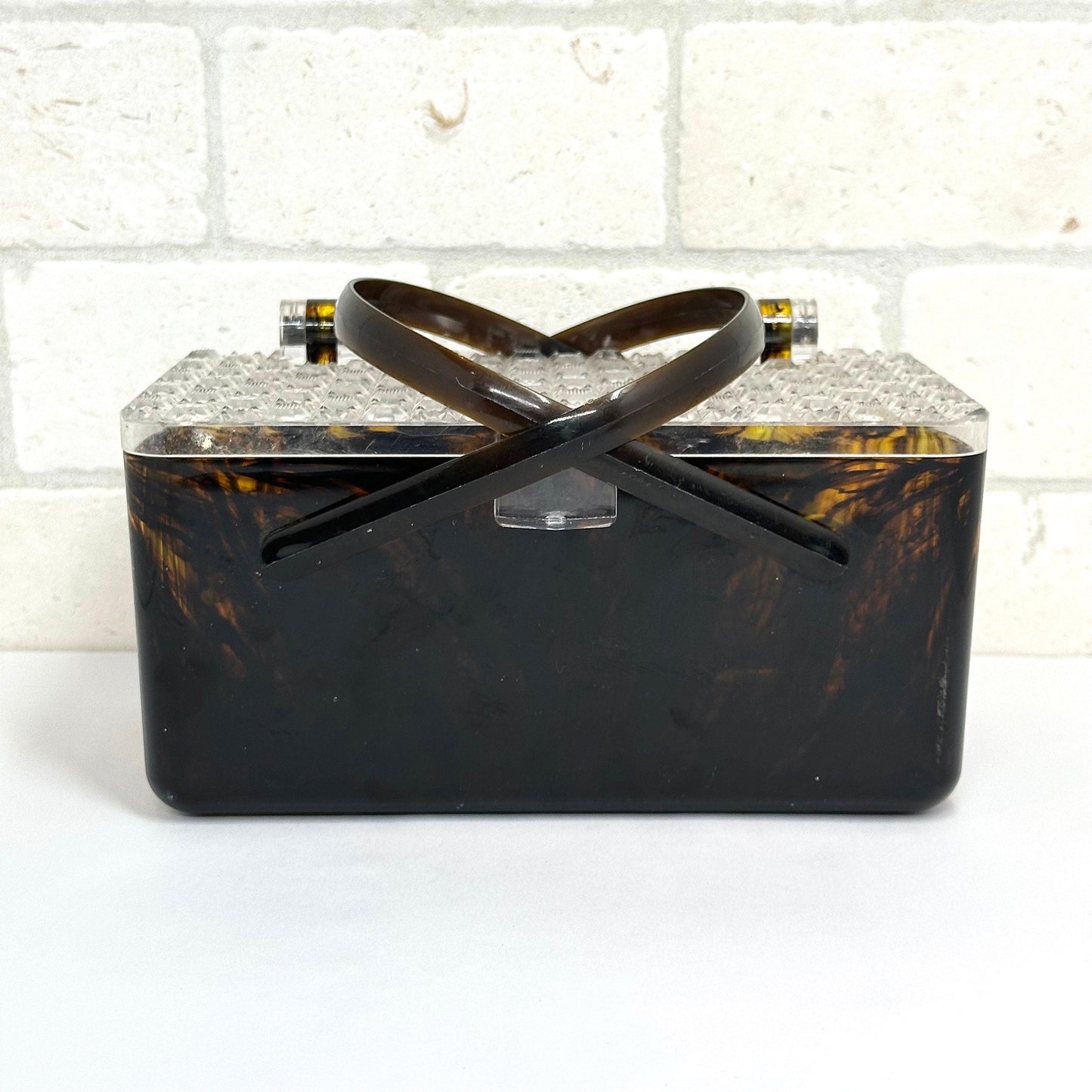 Vintage Tortoise Shell Lucite Handbag with Clear Diamond Pattern Top, 1960s.