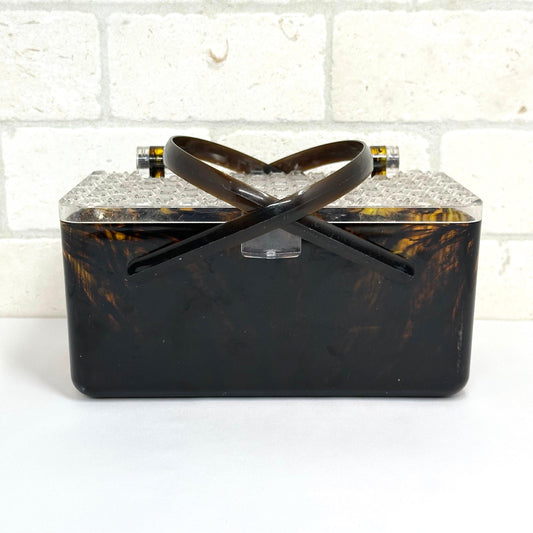 Vintage Tortoise Shell Lucite Handbag with Clear Diamond Pattern Top, 1960s.