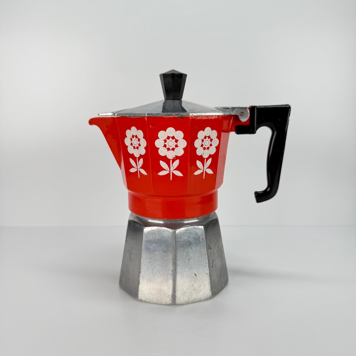 Vintage Gemeli Stilnova Moca Pot Espresso Maker with Orange and White Flower Design