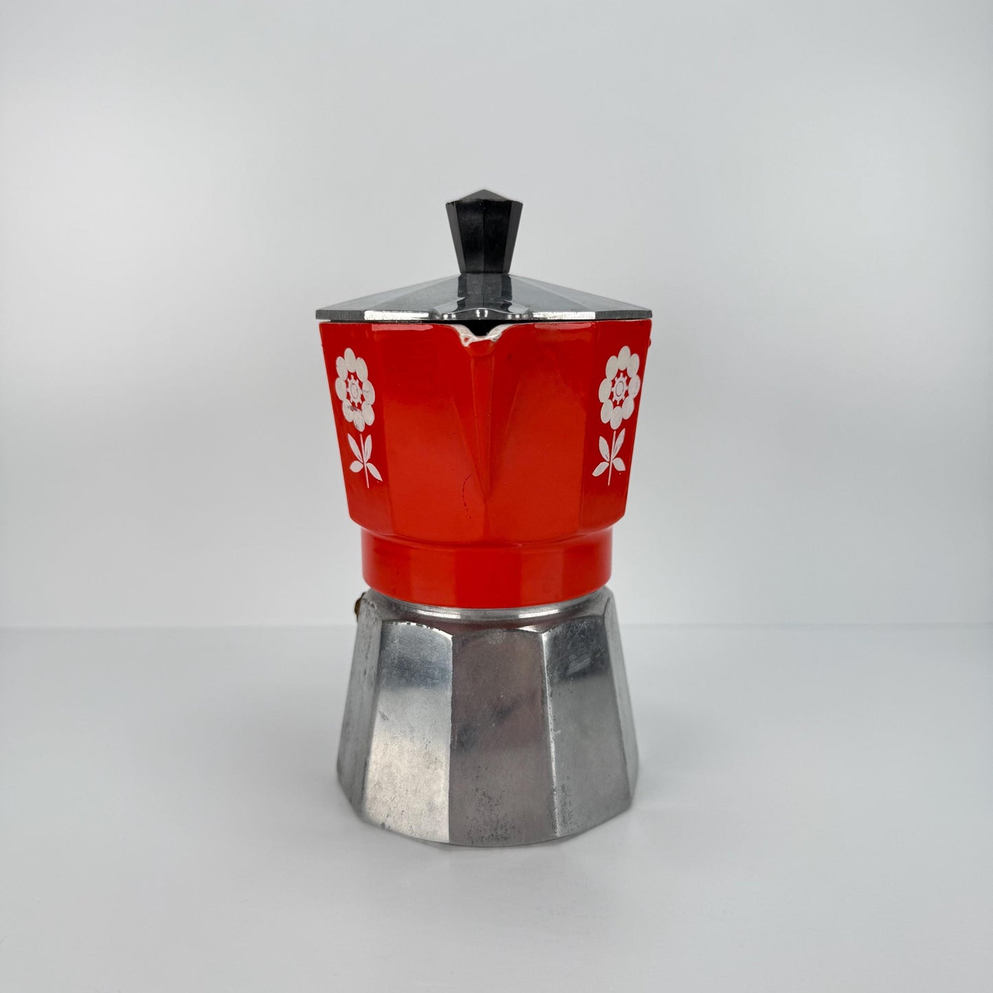 Vintage Gemeli Stilnova Moca Pot Espresso Maker with Orange and White Flower Design