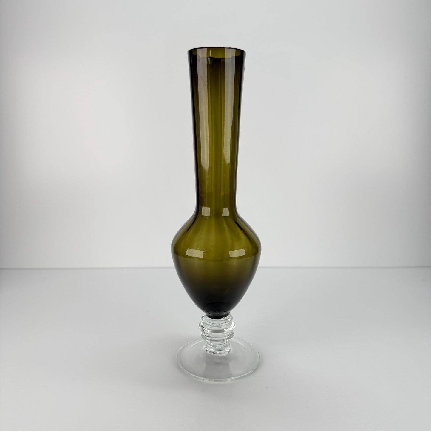 Vintage Bud Vase in a Green Glass with Clear Bottom