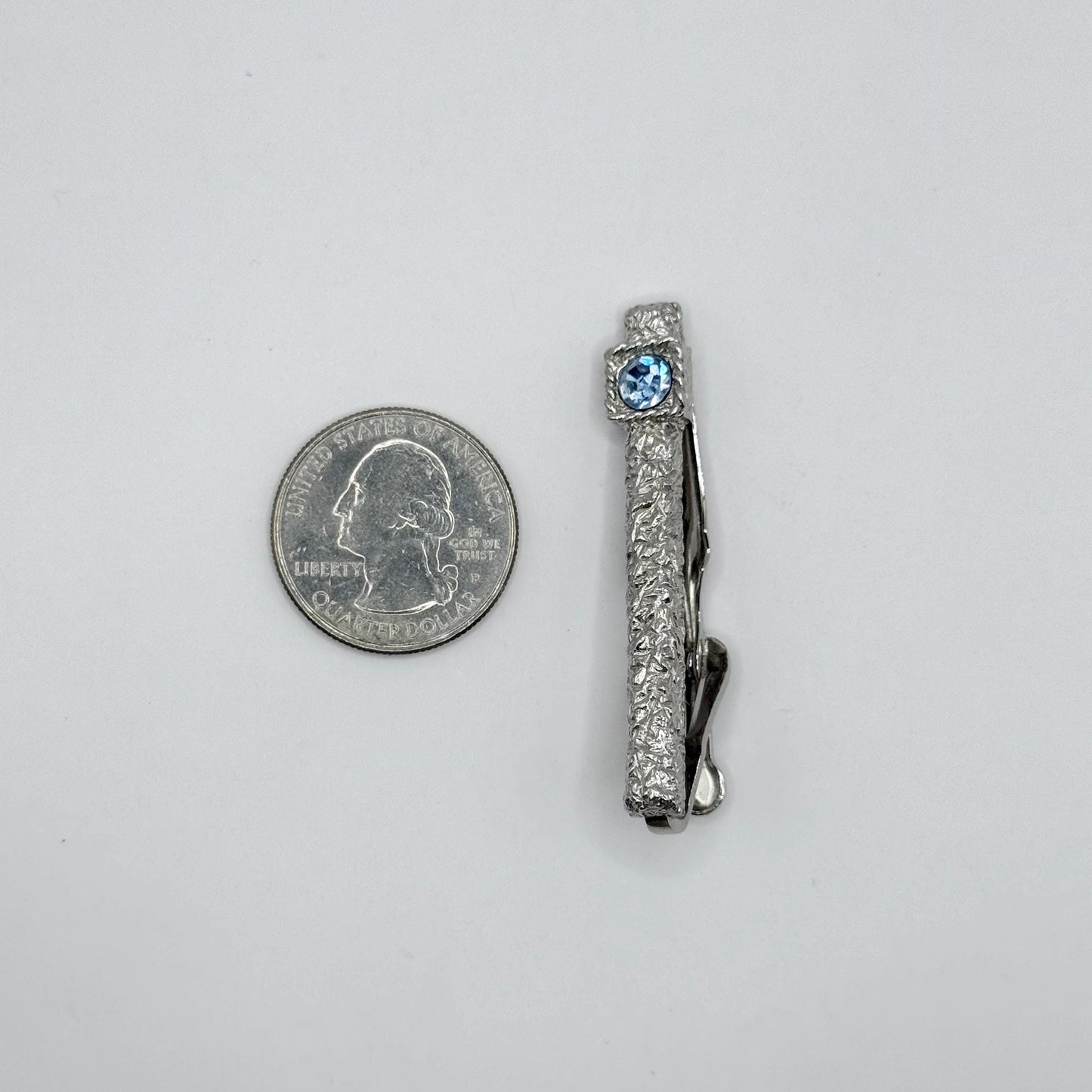 Vintage Tie Clip in Textured Silver Tone with Blue Gemstone Made by Swank