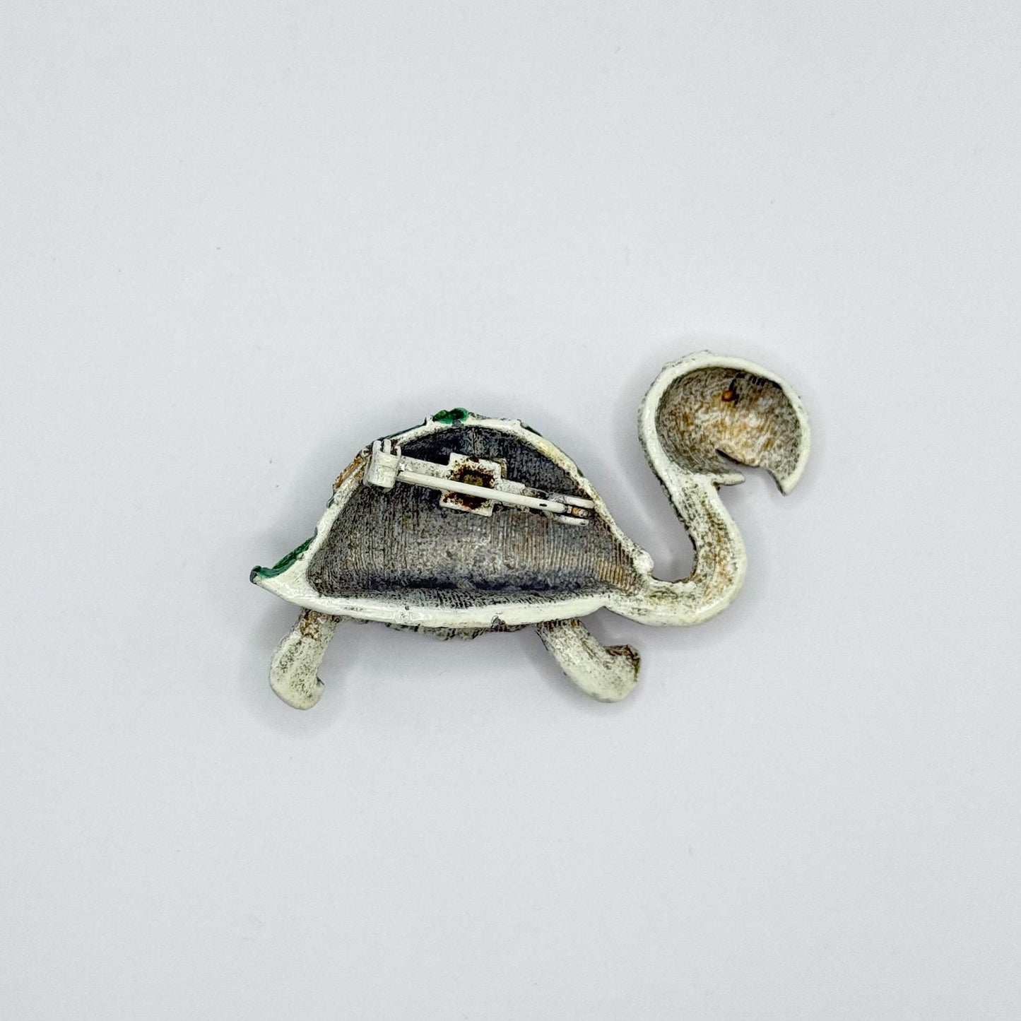 Vintage Brooch Pin of Enamel Turtle with Red Rhinestone Eye and Green Shell
