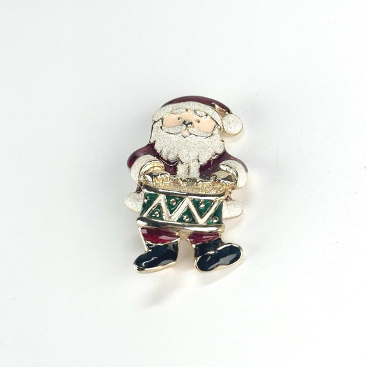 Vintage Brooch of Santa Claus Playing a Drum with Enamel Paint Design