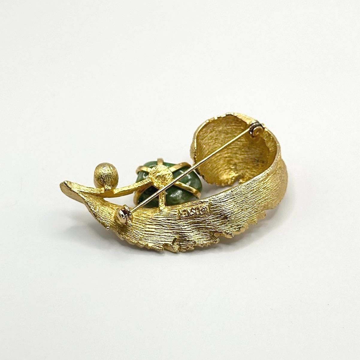Vintage Brooch Pin of Gold Tone Leaf with Jade Stone & Faux Pearls