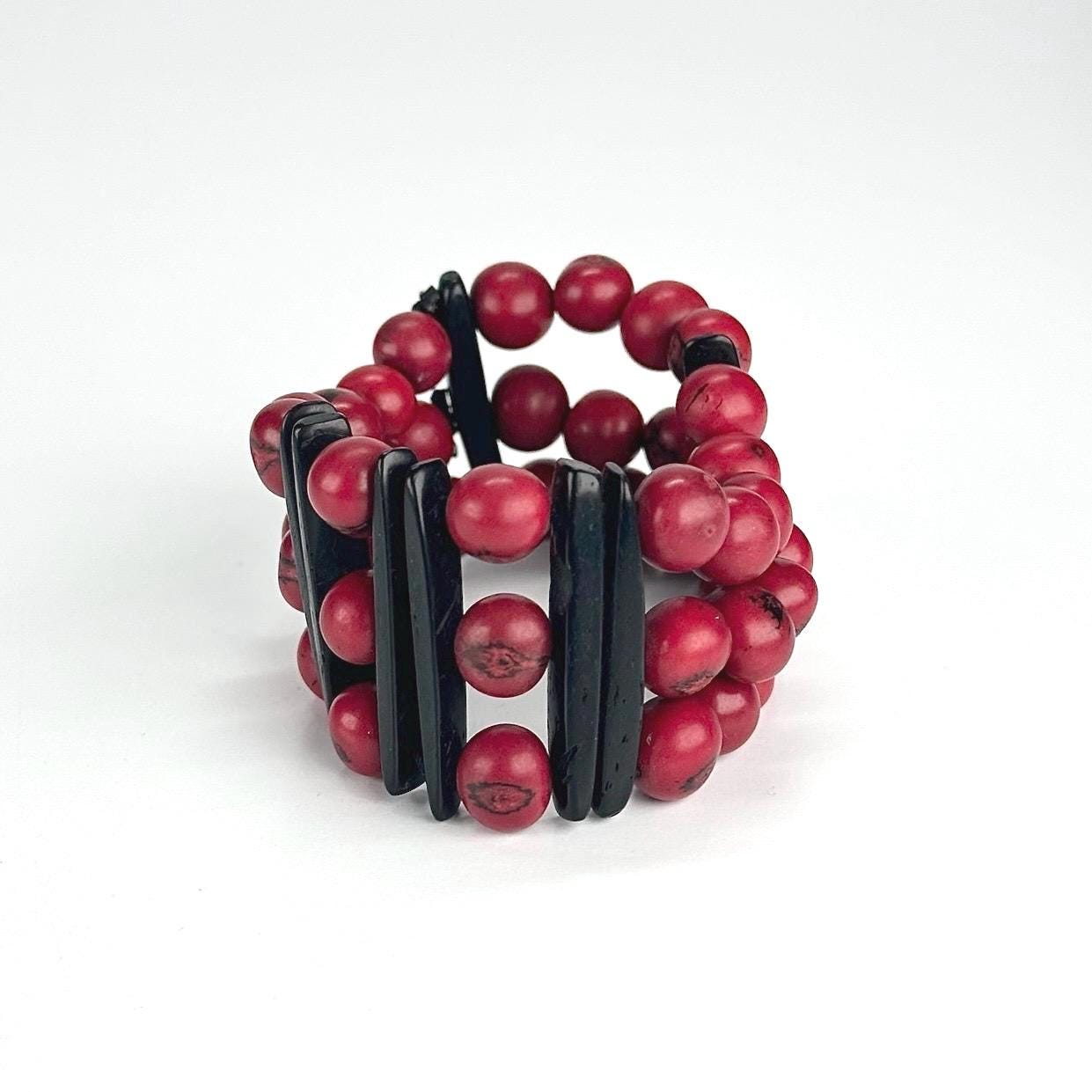 Vintage Stretchy Bracelet Made from Red and Black Beads