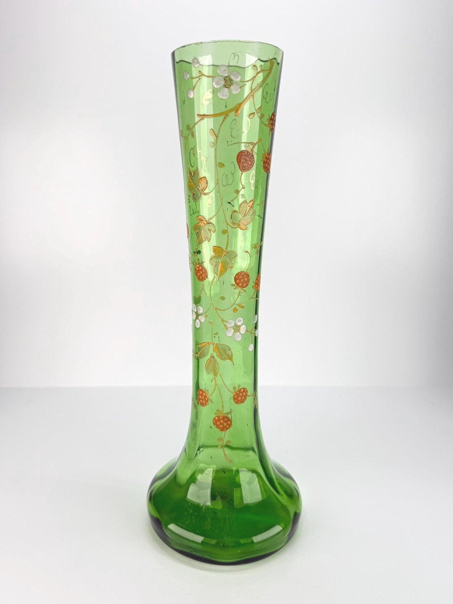 Antique Vase in Forest Green with Strawberry Plant Design