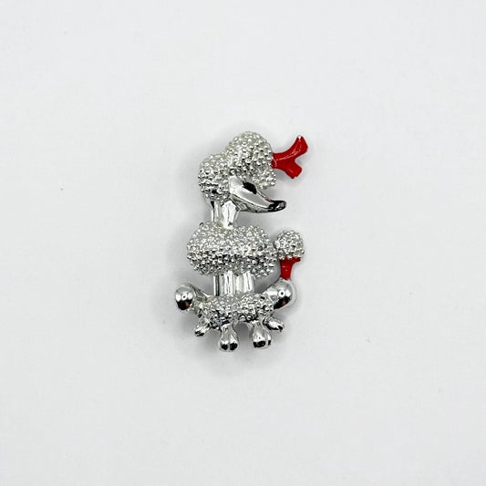 Vintage Brooch Pin of a Silver Poodle with Red Enamel Accents