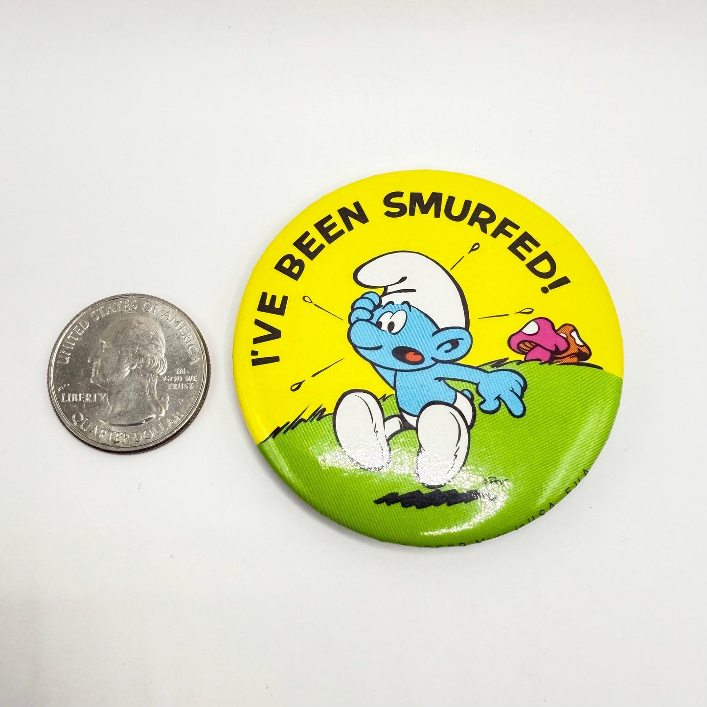 Vintage Button of Smurf That Reads “I’ve Been Smurfed!” and Made by Peyo W. Berrie Co.