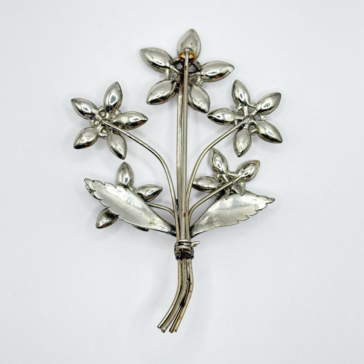 Vintage Brooch of Silver Flower Bouquet with Clear Rhinestones
