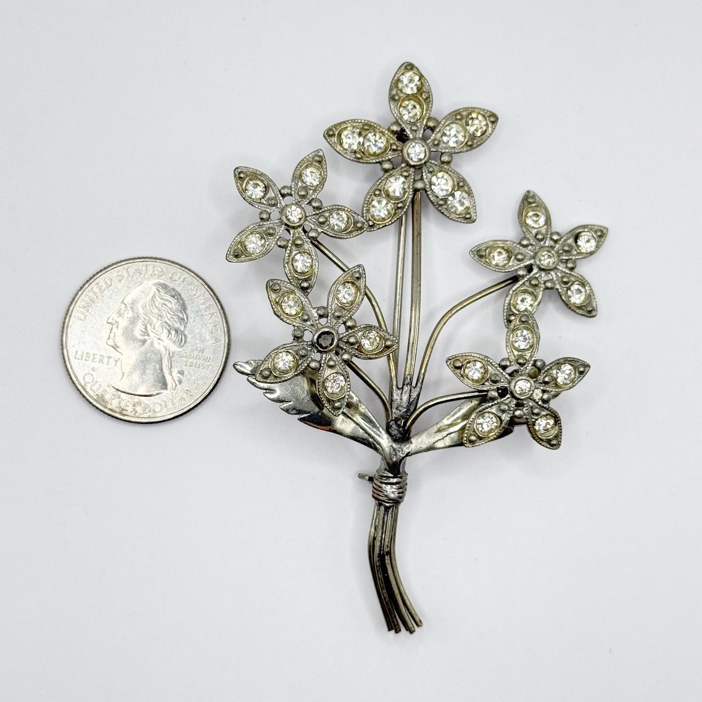 Vintage Brooch of Silver Flower Bouquet with Clear Rhinestones