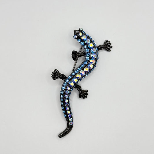 Vintage Brooch or Pendant of Gecko with Blue Rhinestones