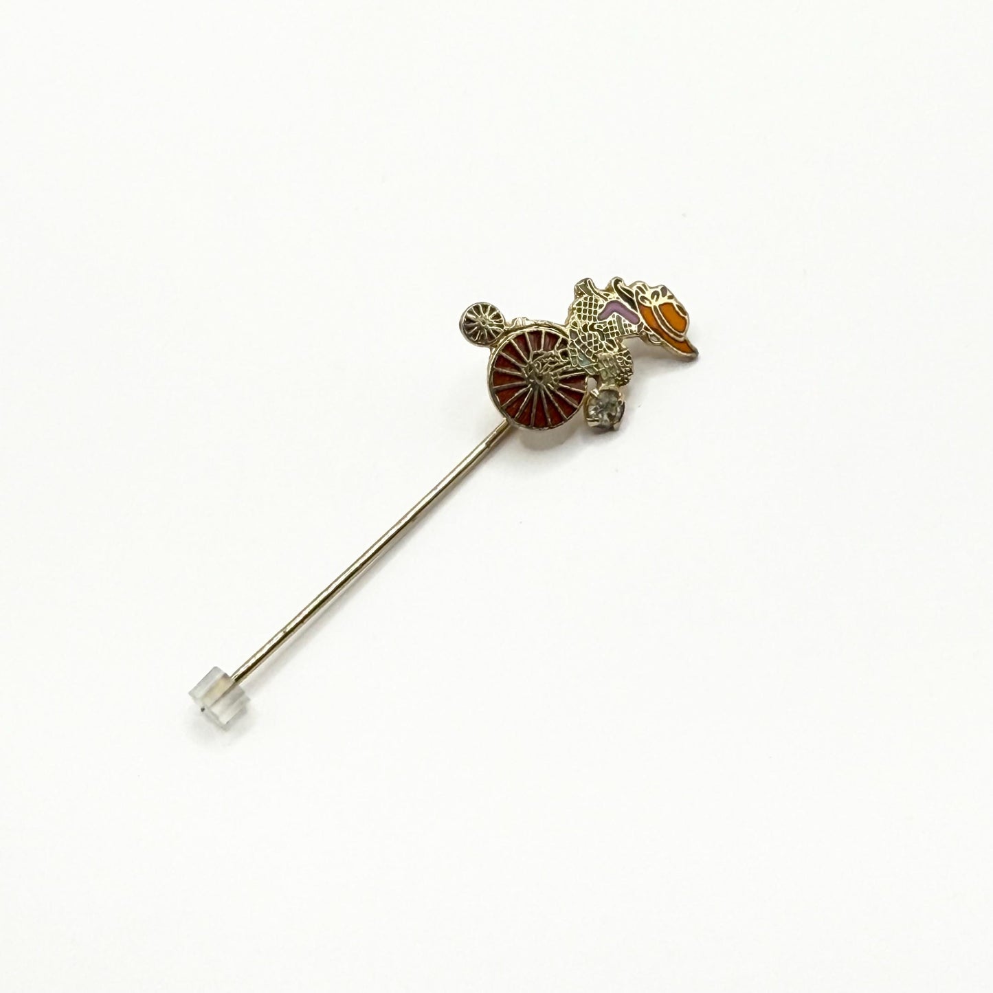 Vintage Stickpin of Girl on Bike With Flower Basket Detail