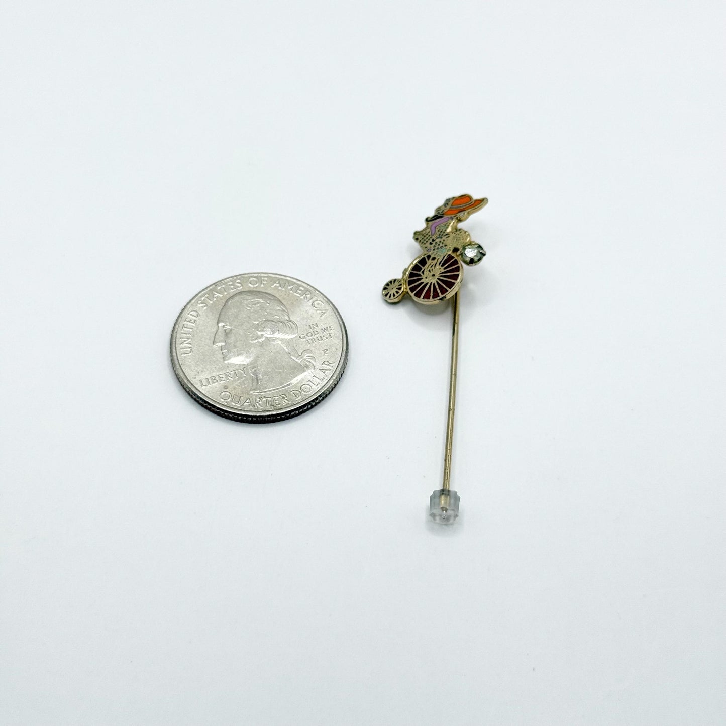 Vintage Stickpin of Girl on Bike With Flower Basket Detail