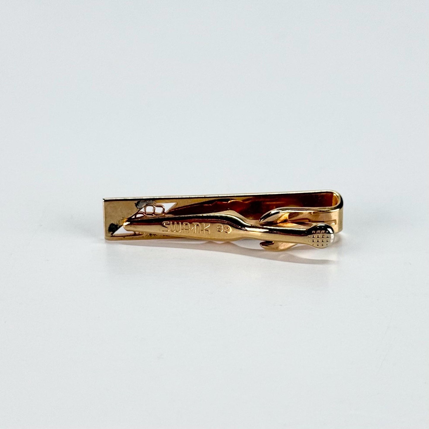 Vintage Cuff Links and Tie Clip Set in Gold Tone Cutout Design by Swank