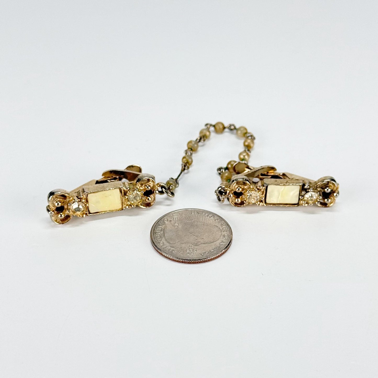 Vintage Sweater Clip in Gold Tone with Rhinestones and Faux Peals