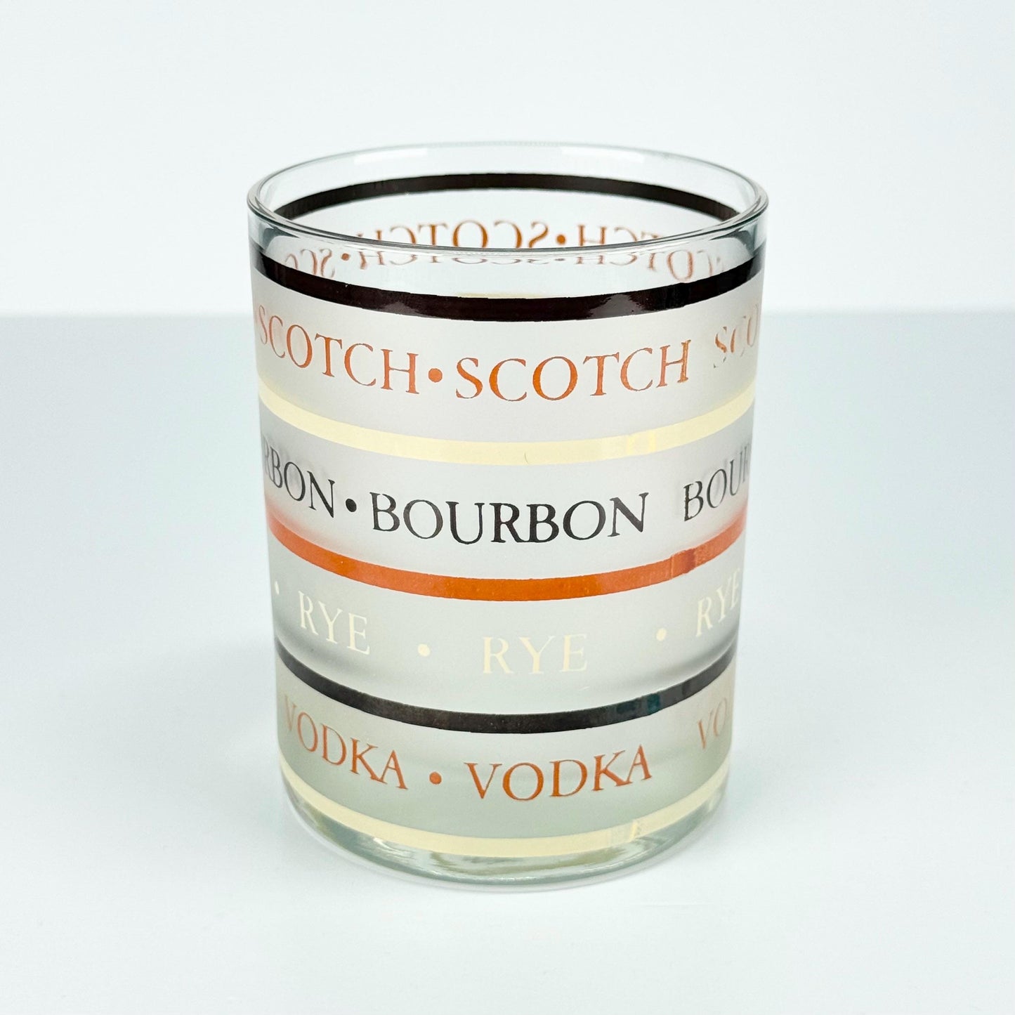 Vintage Frosted Rocks Glass That Reads Scotch, Bourbon, Rye, Vodka, Gin & Whiskey