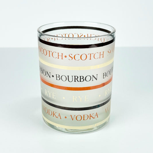 Vintage Frosted Rocks Glass That Reads Scotch, Bourbon, Rye, Vodka, Gin & Whiskey