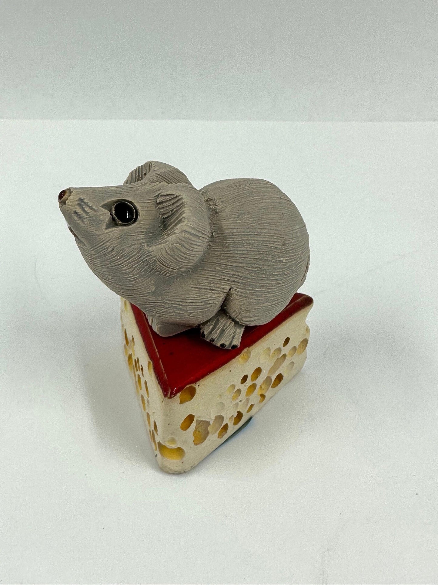 Vintage Hand Sculpted Figurine of Mouse on Cheese, Made in Uruguay. Adorable!