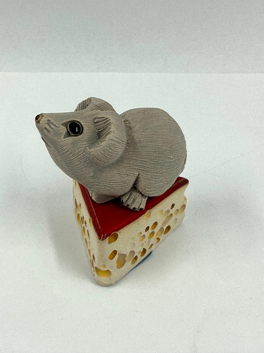 Vintage Hand Sculpted Figurine of Mouse on Cheese, Made in Uruguay. Adorable!
