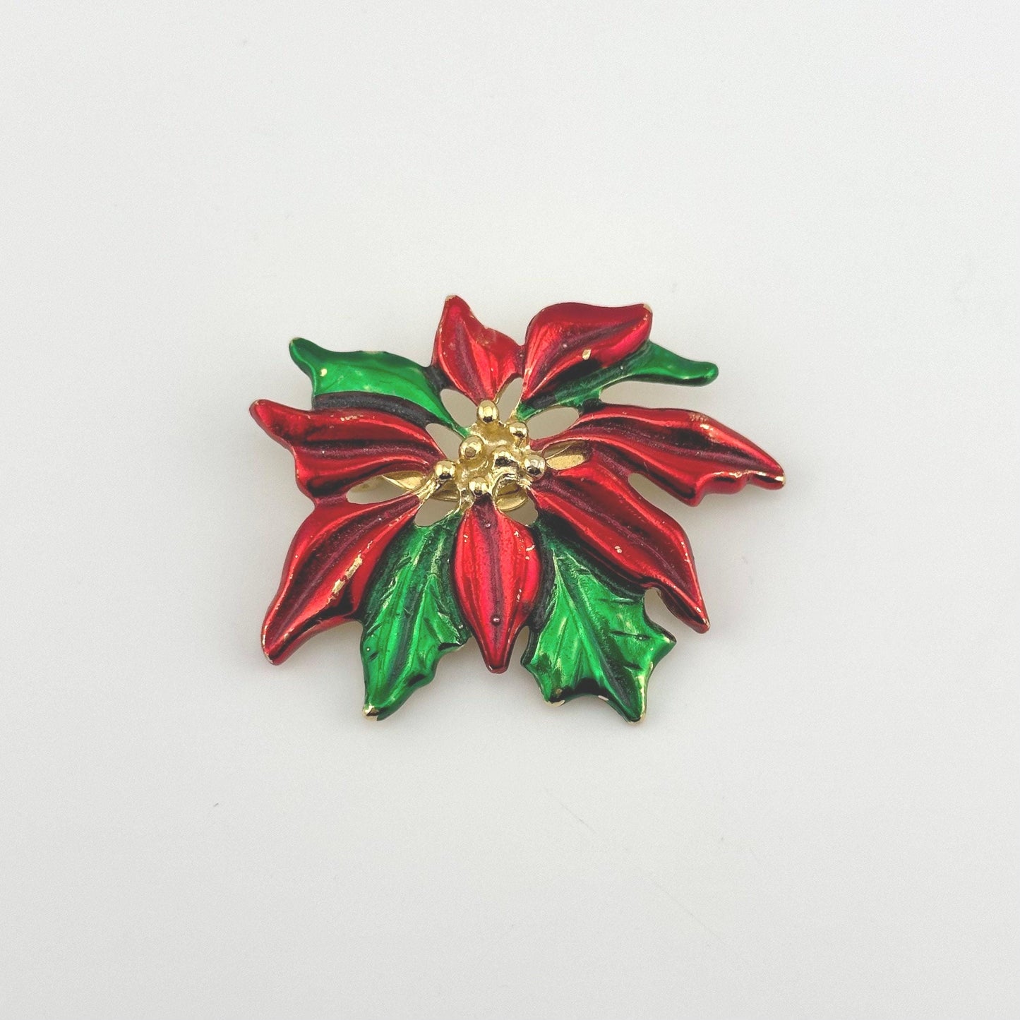Vintage Christmas Poinsettia Brooch, Red and Green Enamel, Gold Tone.
